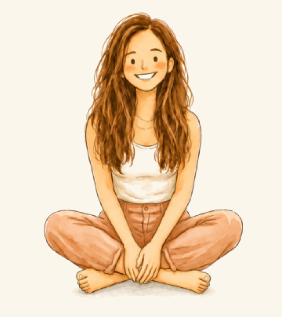 Cris ilustrada en acuarela, sentada en el suelo y sonriendo